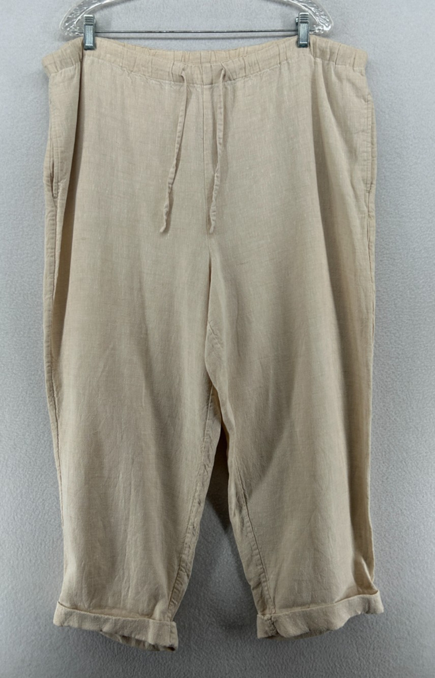 ORVIS Pants Womens XL 18-20 100% Linen Cropped Capri Cuffed Drawstring Beige